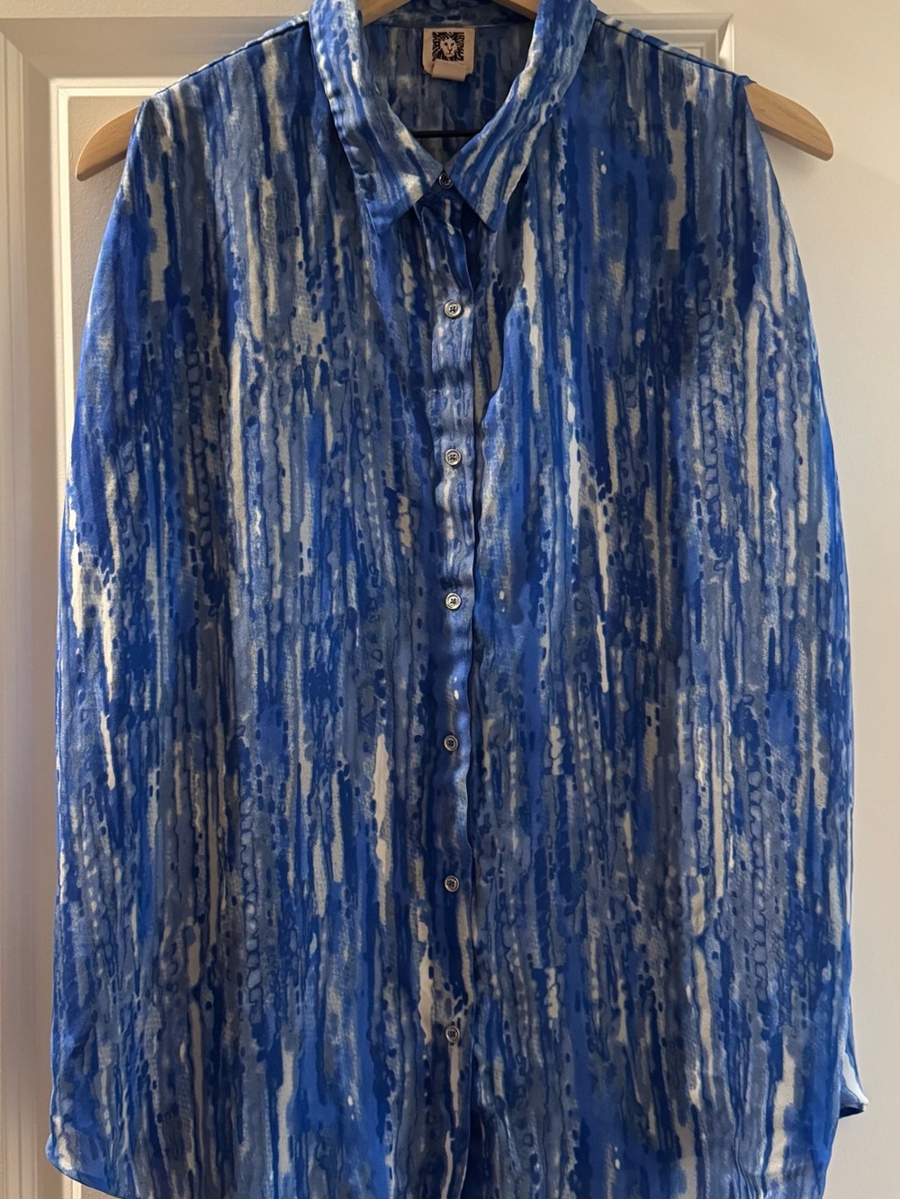 Anne Klein Blue and White Watercolor Print Top